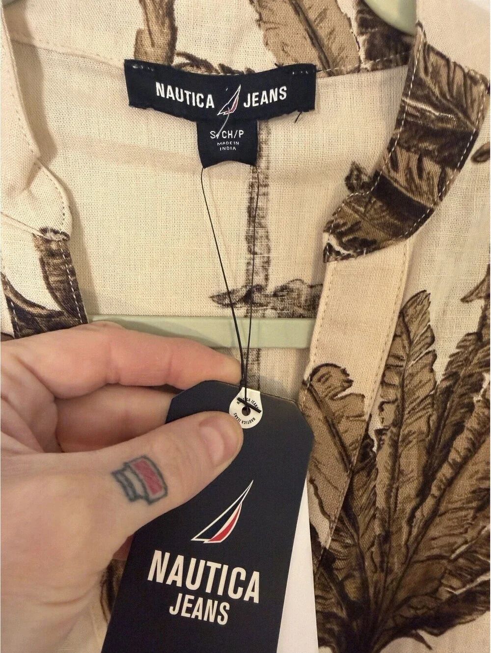 NWTS Nautica Beige Palm Frond Print Short Sleeve Shirt Dress Vneck Small Coastal